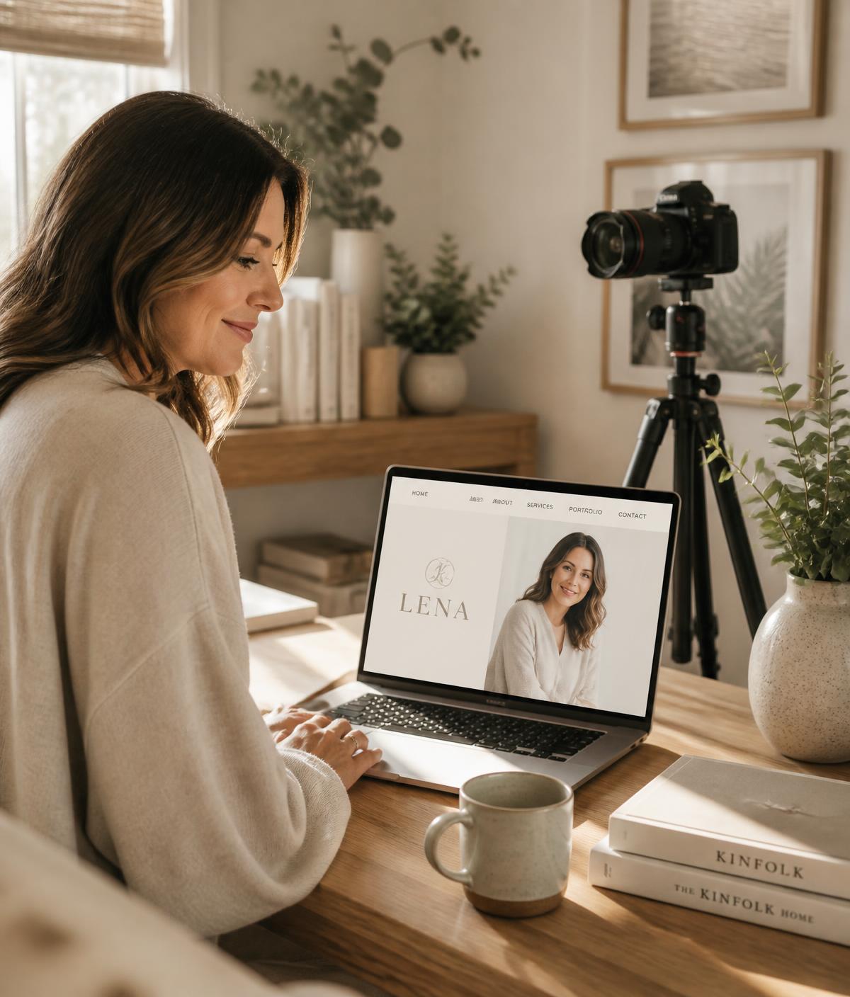 A creator working at a warm home studio desk with a camera on a tripod beside her laptop