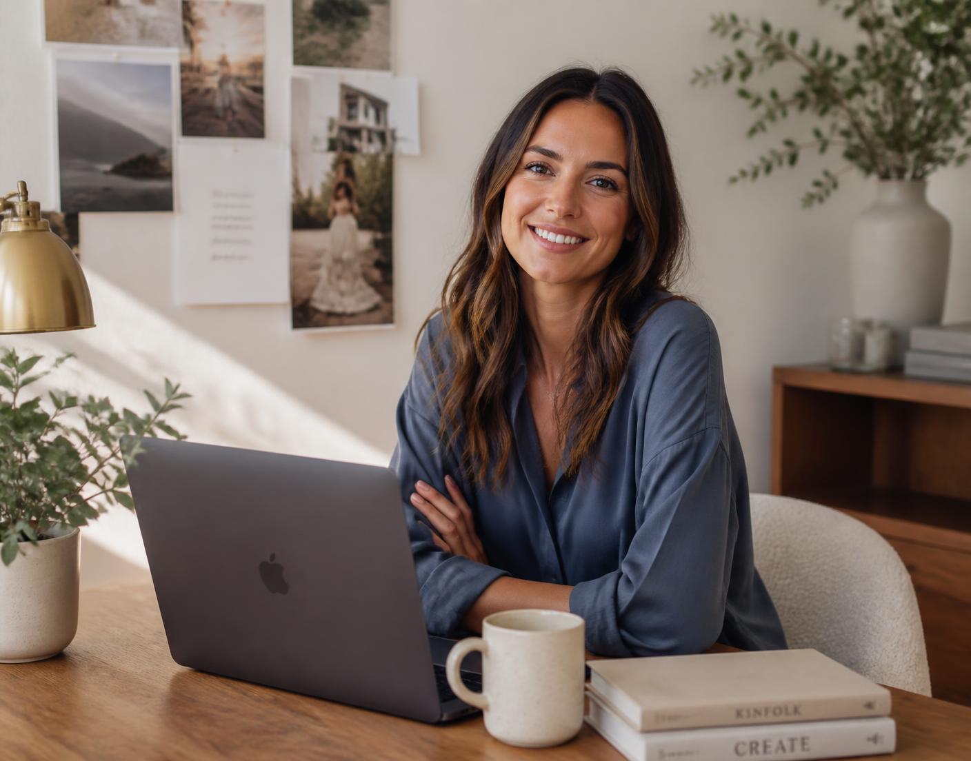 A smiling founder sitting at her warm, sunlit home office desk