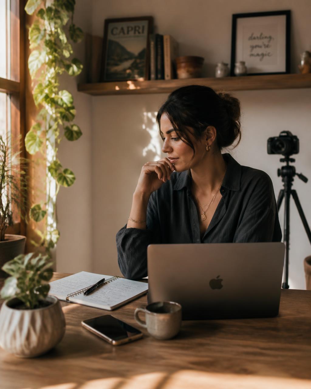 A female founder reviewing her laptop in a warm, sunlit home office, sitting back thoughtfully beside a notebook and coffee